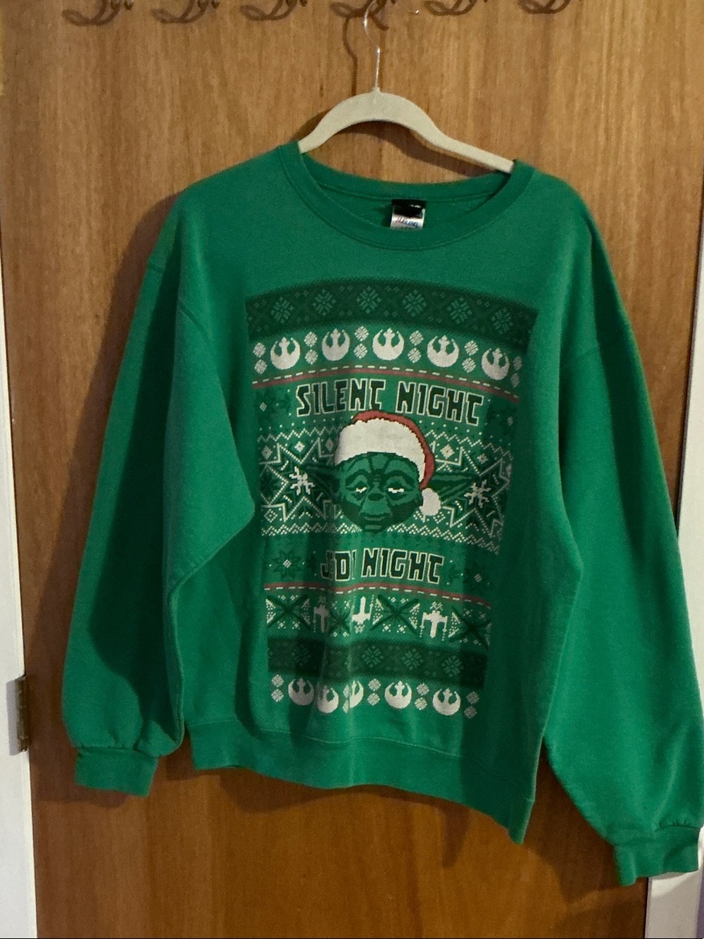 Jerzees Green Holiday Crewneck Sweatshirt with Graphic Star Wars Yoda